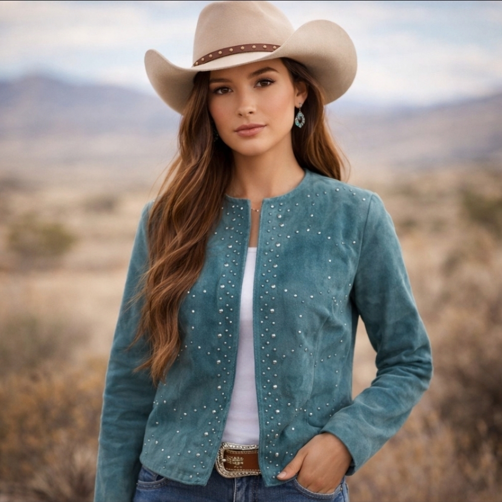 Y2K Spearmint green Suede Leather Jacket  Studded Southwestern Cowgirl  Sz S
